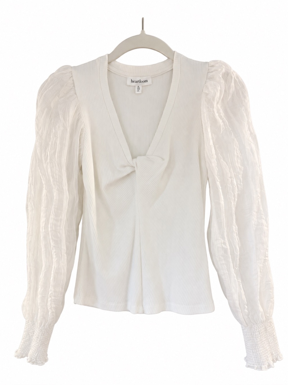 Heartloom White Ribbed V-Neck Top with Sheer Puff Sleeves